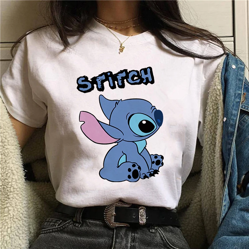 2024 90s Stitch kaus kartun lucu Disney kaus oblong wanita Lilo Stitch kaus grafis Streetwear atasan kaus pakaian wanita