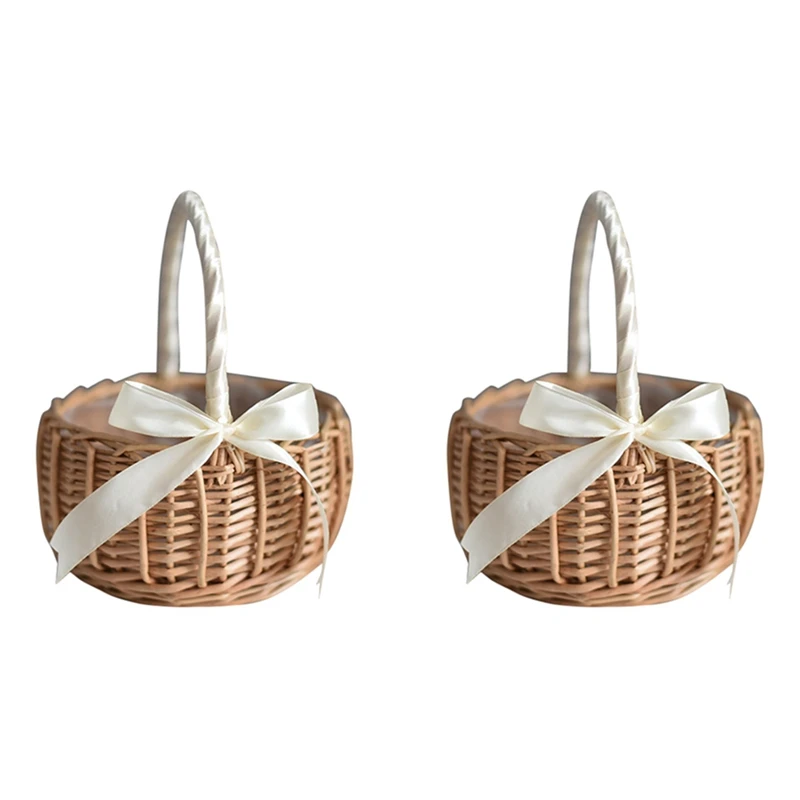 2X Wicker Woven Flower Basket, With Handle And White Ribbon, Wedding Flower Girl Baskets, For Home Garden Decoration(S)