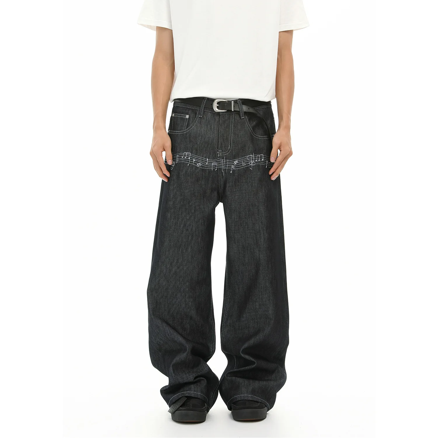 Men's Korean Raw Denim Jeans With Musical Note Embroidery, Trendy Loose Straight Wide Leg Washed Casual Pants