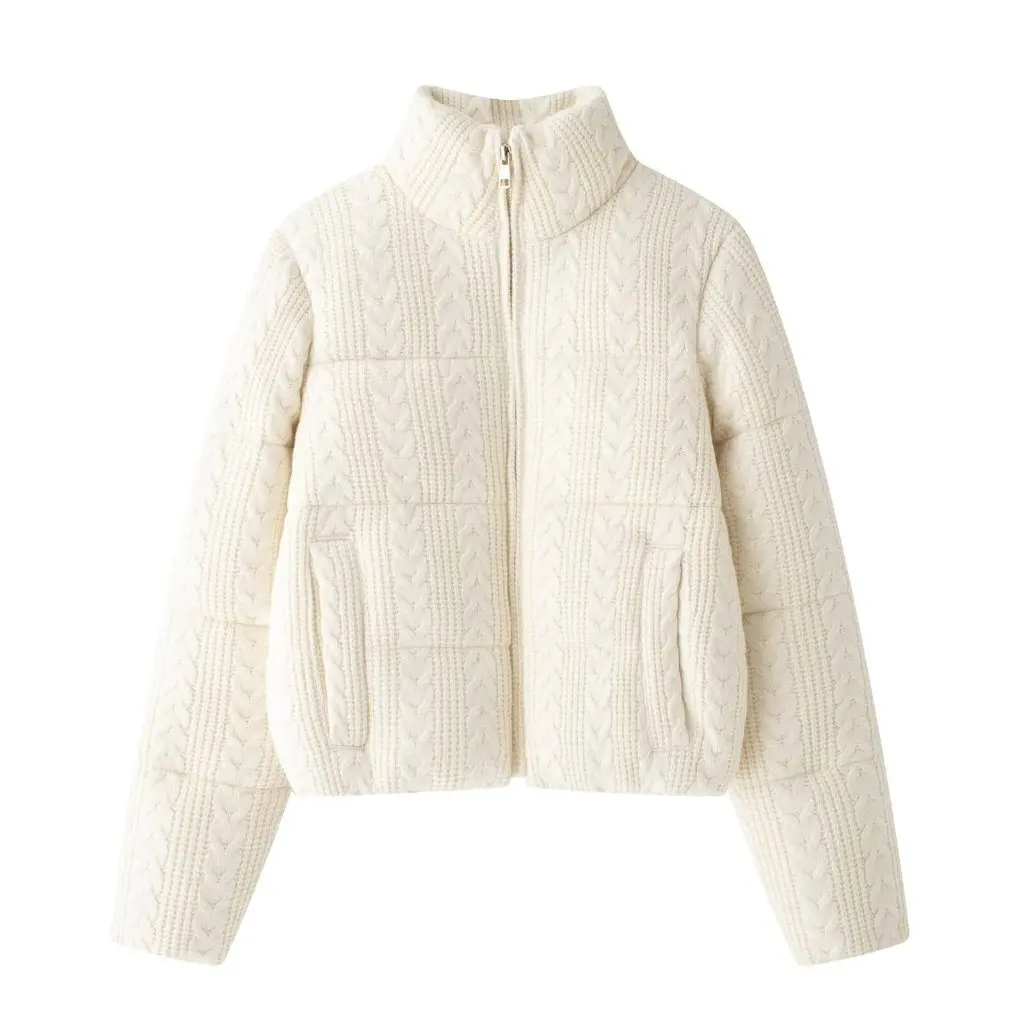 

Winter Thick Warm Cotton-Padded Jacket Stand Collar Windproof White Knitted Bread Clothing for Women Fashion Outerwear