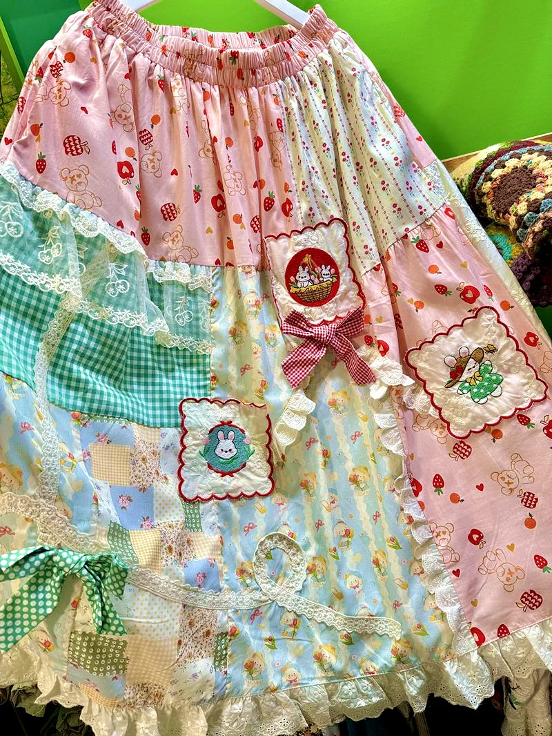 المرأة Kawaii الحلو القطن المرقعة تكدرت مقوس دانتيل ميدي تنورة خمر موري فتاة كوخ الأساسية اليابانية لوليتا لطيف تنورة طويلة