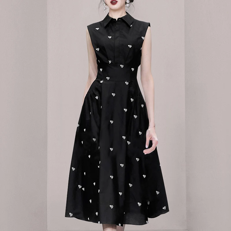 2024 Fashion Summer Shirt Collar Dress French Women Single Breasted Sleeveless Embroidery Heart Slim  Office Party Midi Dresses