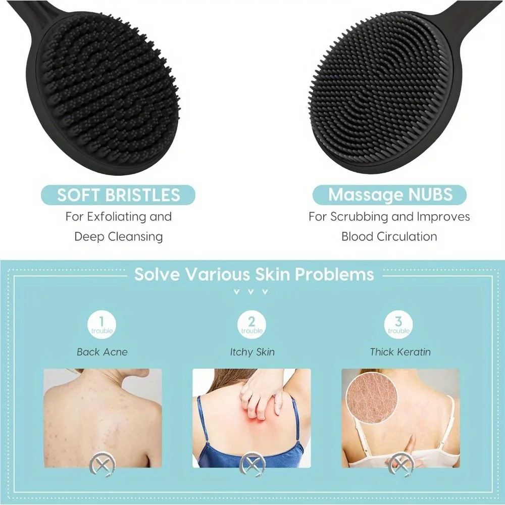 Silicone Back Scrubber Brush for Shower Long Handle Body Deep Cleansing and Exfoliating Massage Double-Sided Soft Bristles