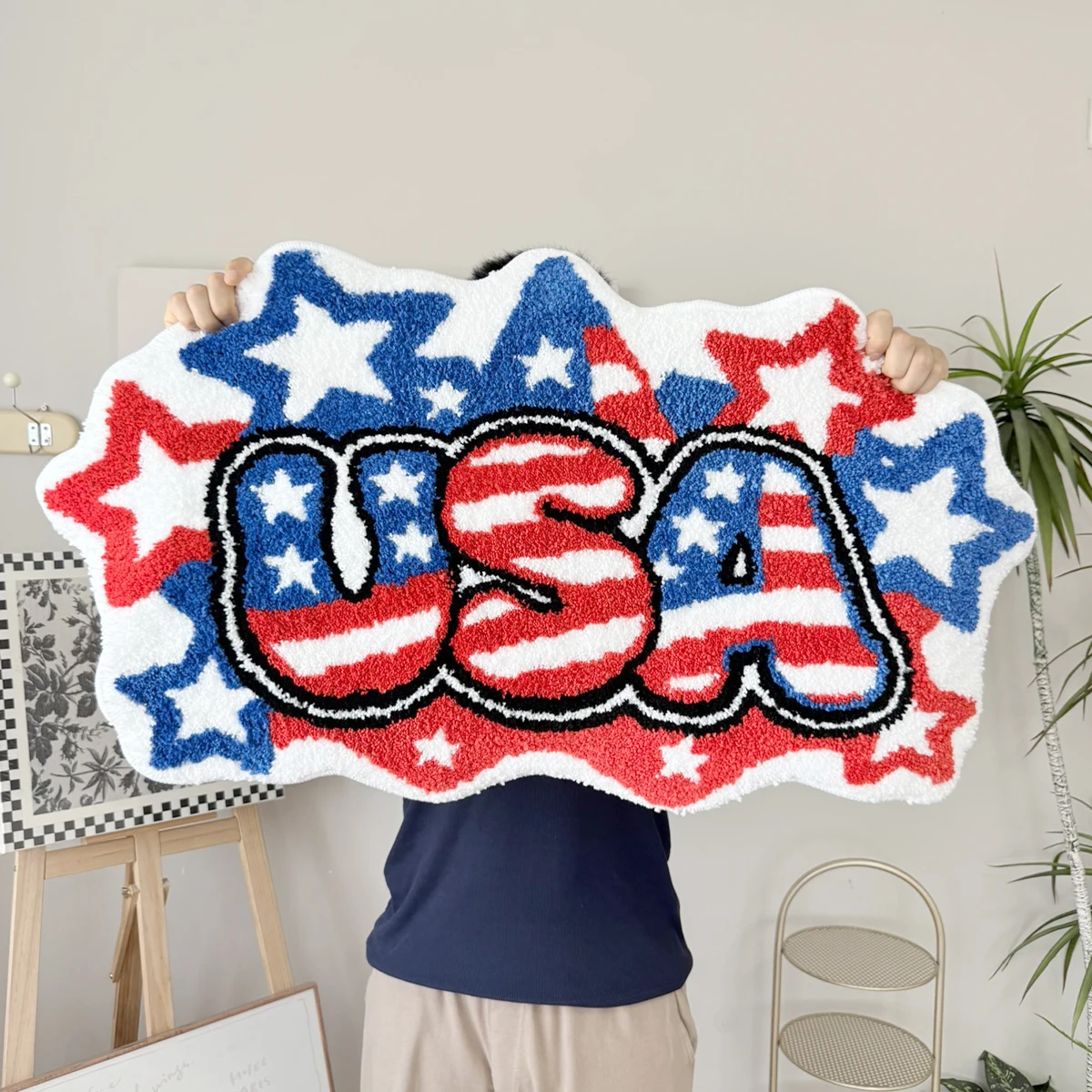 AGILESTAR Tufted USA Patriotic Rug, Retro Star Pattern Non Slip Floor Mat, American Flag Themed Letter Area Rug for Indoor Bedro