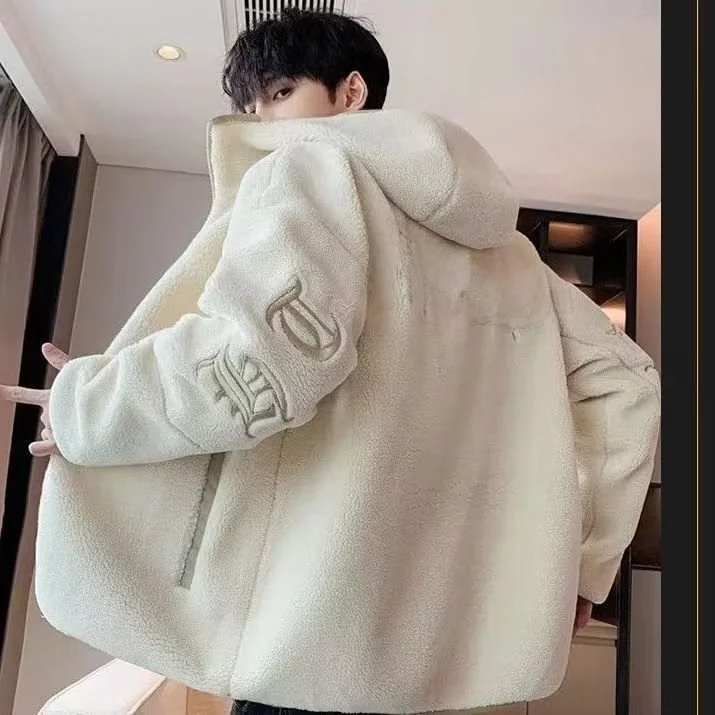 

Lamb Velvet Lined Thiened Hooded Cotton Jaet Men's 2024 New Autumn Winter Loose Trendy Brand Cotton Coat Open Cardigan Ou...