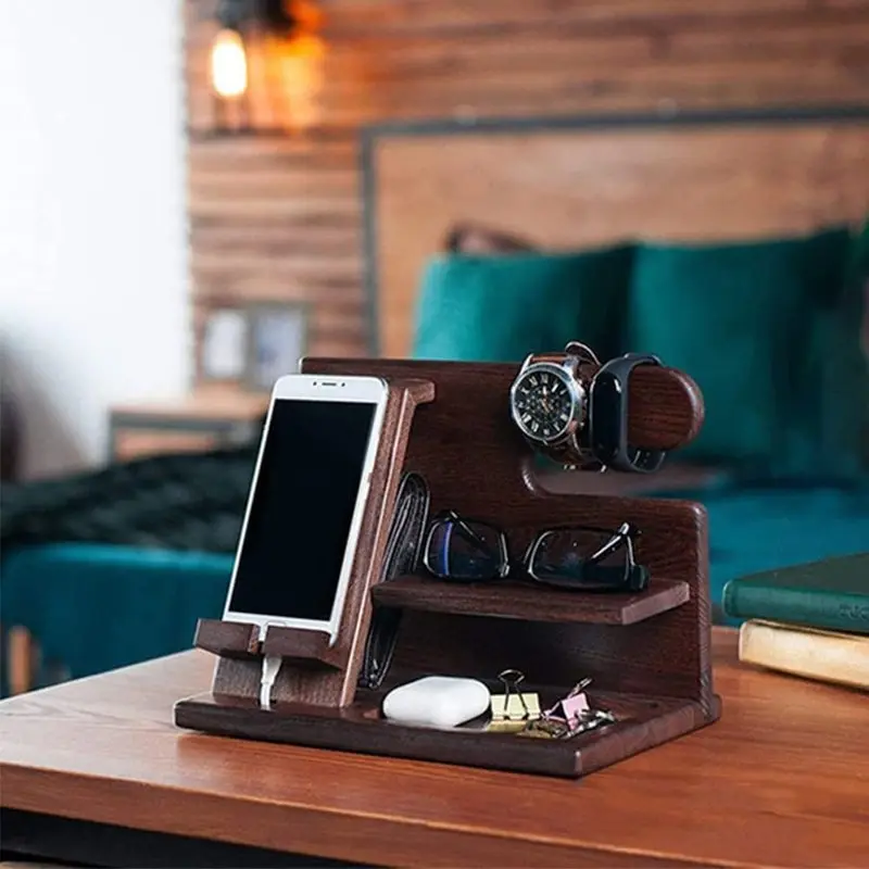 Wooden Bedside Wood Phone Docking Station Holder Wallet Stand Watch Storage Rack Multifunctional Desktop Jewelry Packaging