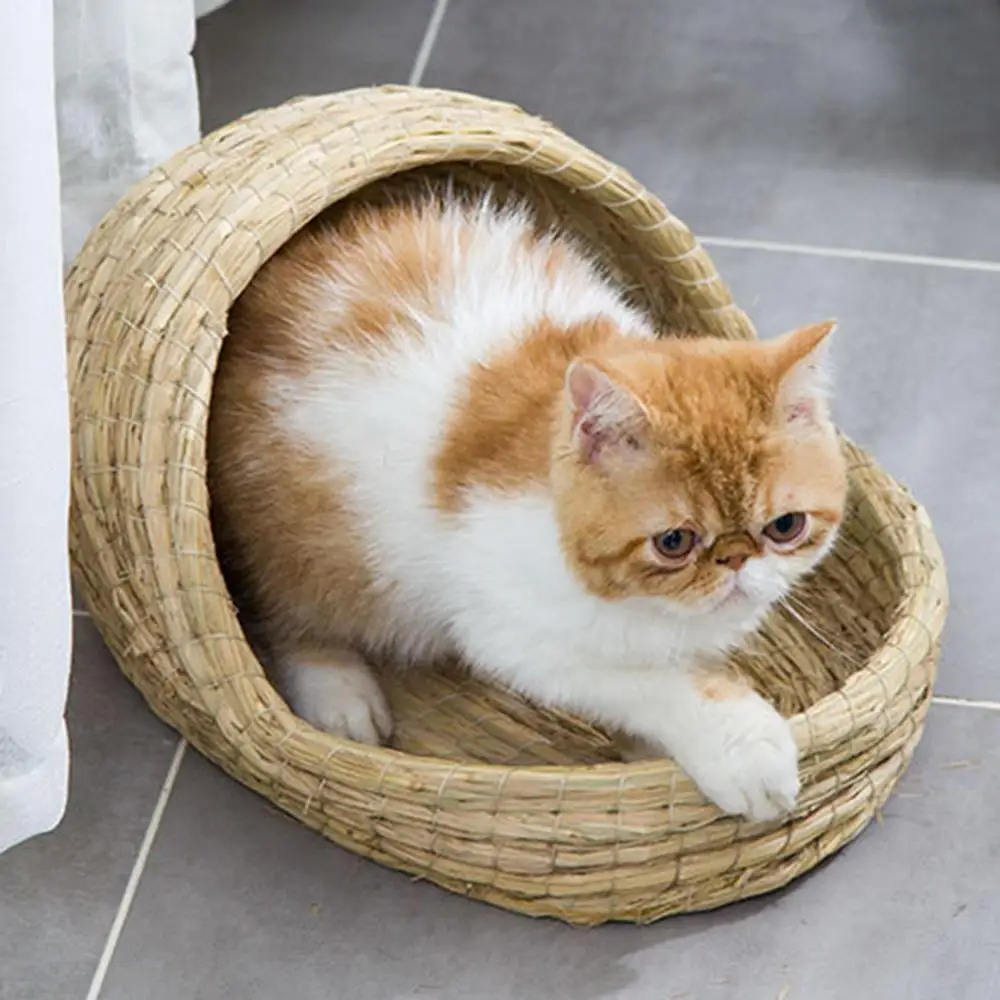 Cat Bed Woven Sleeping Bed Cat Scratch Rattan Natural Grass Bed Slipper Shape Rabbit Hamster Squirrel Mat Guinea Pig Nest House