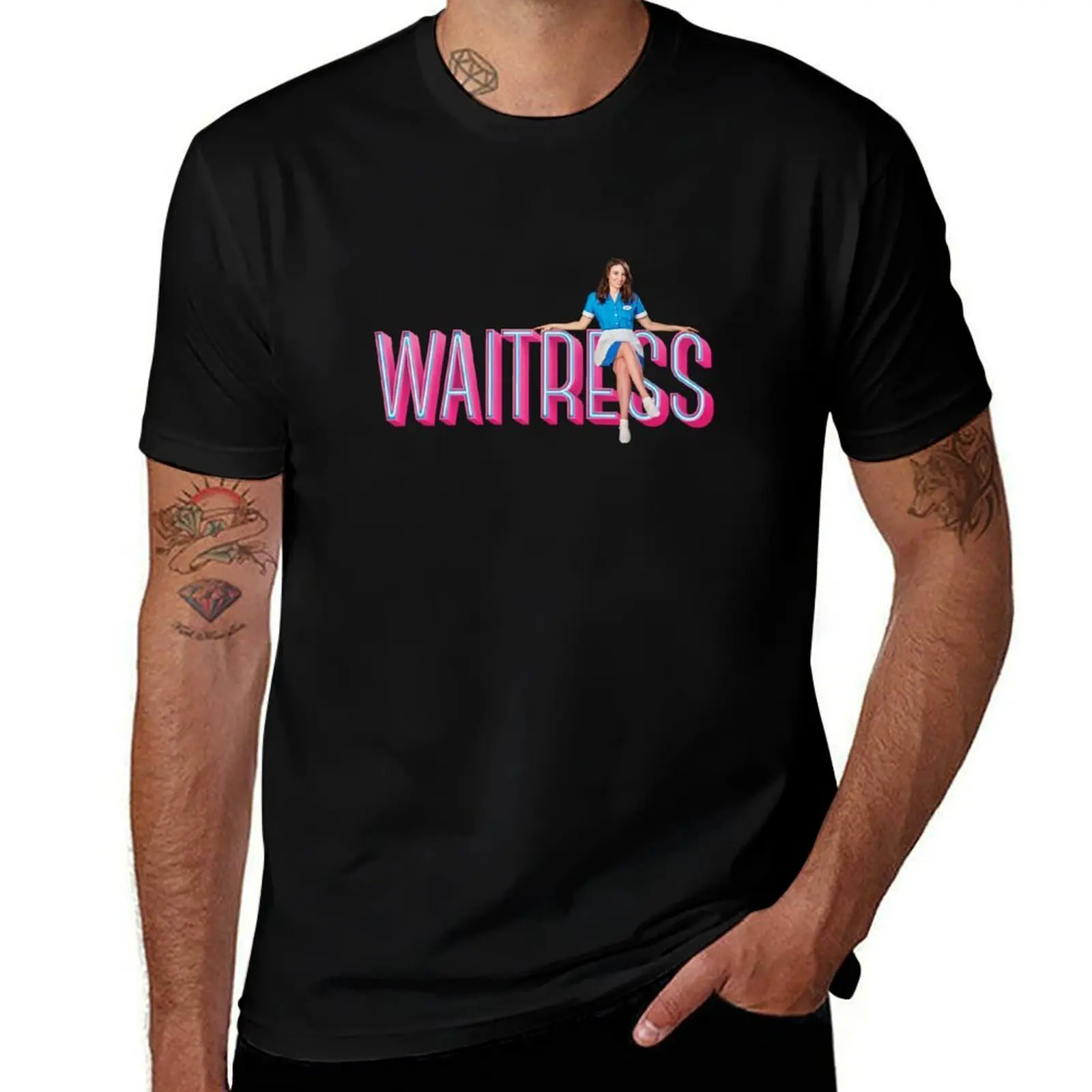 Sara Bareilles sitting on Waitress the Musical neon logo - Broadway, West End T-Shirt Industrial Work Tee Shirt