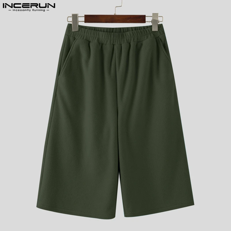 

INCERUN Men Pants Solid Color Fleece Plush Elastic Waist Casual Wide Leg Trousers Men Streetwear 2025 Joggers Calf-length Pants