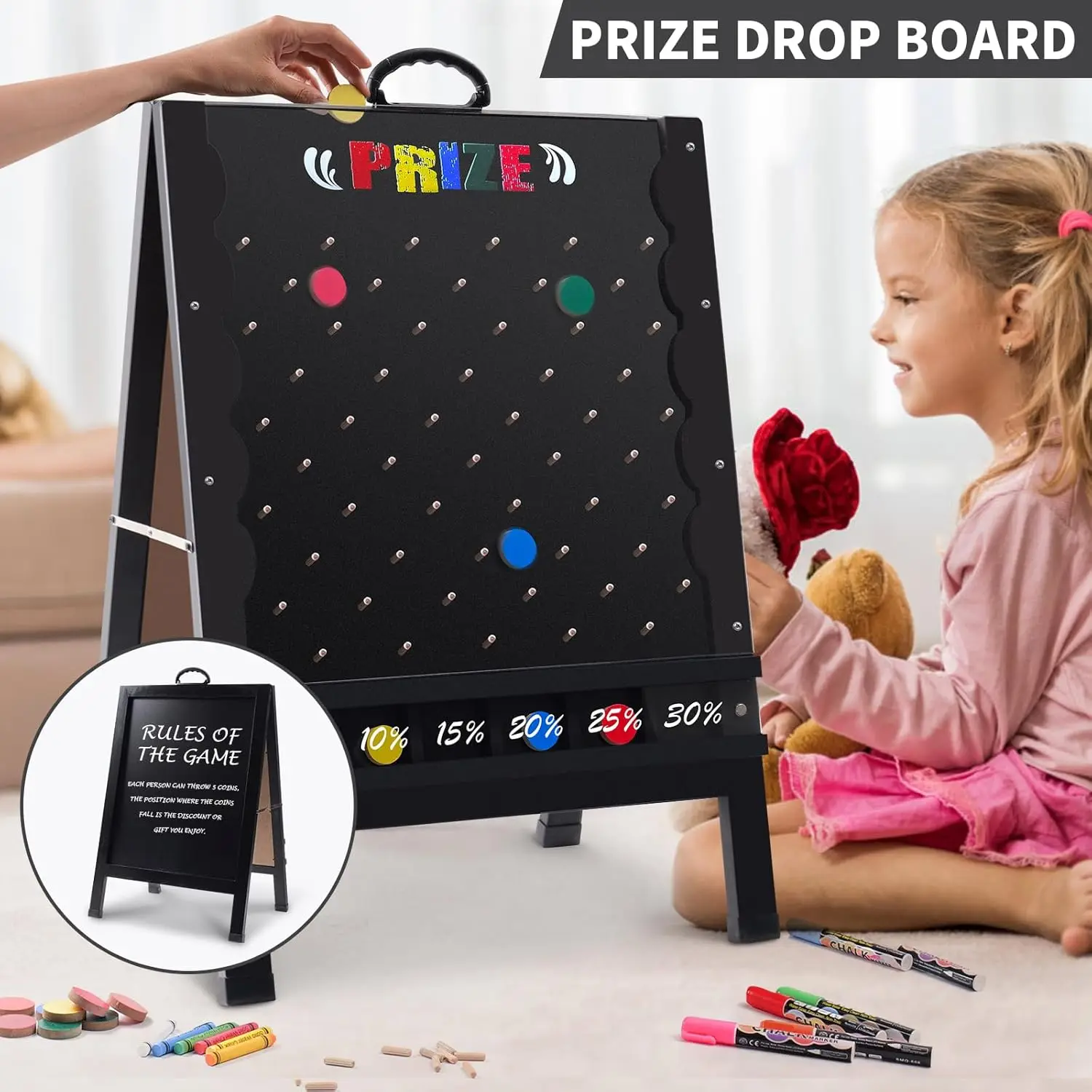 Drop Game Board,21X30 Inch Double Sided Penny Drop Game and Wooden A-Frame Chalkboard Sign for Carnival,Trade Show -Includes 10