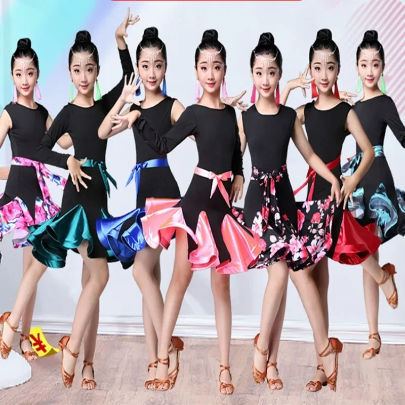 New Children's Latin Dance Suit Practice Performance Dress Latin Dance Skirt Girls' Long Short Sleeve Exam Competition Costume