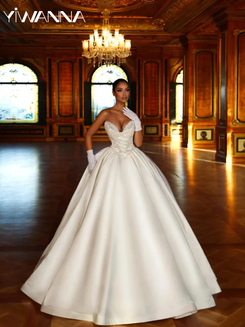 

Elegant Ivory Pearls Satin Long Wedding Dress Without Gloves V-neck Sleeveless Bridal Gown 2026 New Customized Dresses For Bride