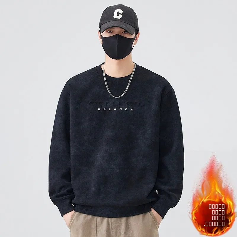 

Thiened Long Sve Crew Ne Sweatirt Men's Trendy Letter Print Fce Lined Casual Sle Autumn Winter Slim Fit Top