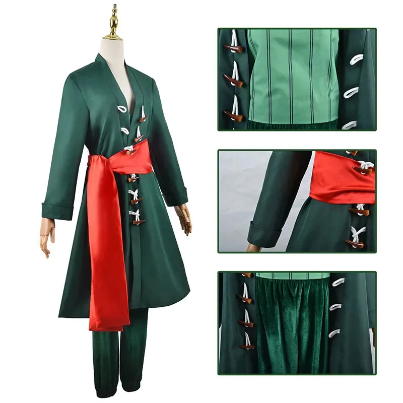 Anime Piece Pirate Cosplay Costume Roronoa Zoro  Two Year Later Wig Earrings Black Green Coat Belt Pants Kimono Party Suit