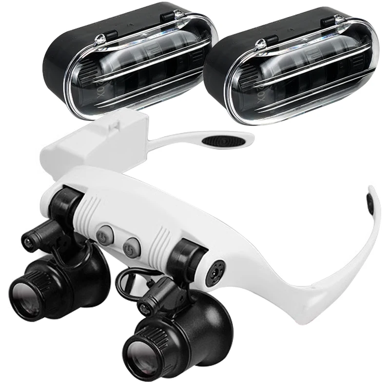 Loupes 10X 15X 20X 25X, lumière 2LED, Double œil, tête de verrouillage, réparation montée sur la tête, bijoutier, montre, horloge