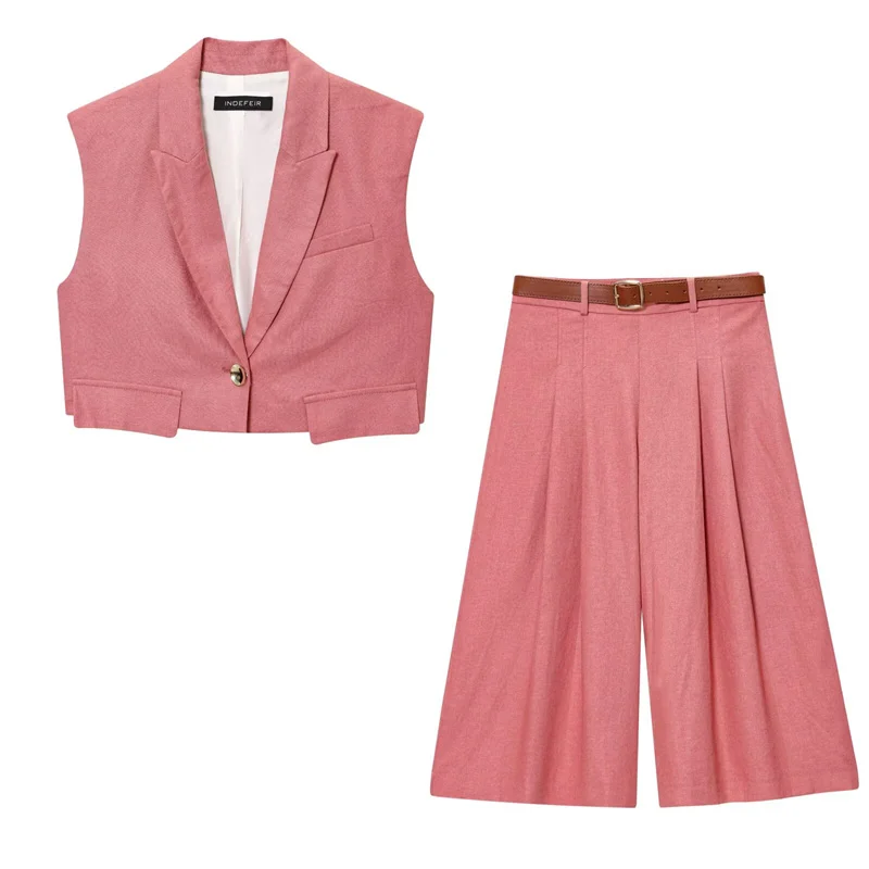 

Women's Suit New Summer 2025 Pink Sleeveless Cropped Vest with Belt Trousers Set Casual Fashion Personality