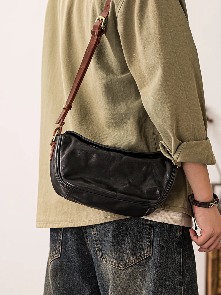 outdoor travel luxury handmade genuine leather men's shoulder bag Fashion designers cow leather black saddle crossbody bag