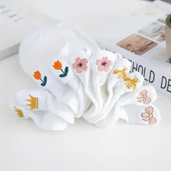 5 pairs of  embroidered breathable mesh white socks   crown cute shallow mouth minimalist socks