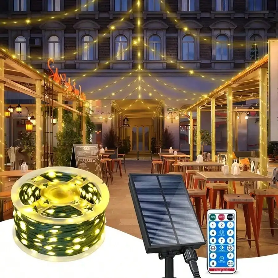300 LED /100 Feet Green Wire 1200 MAh Solar Cell Outdoor Fairy Lights, 8 Blinking Modes, Remote Control Timing, Camping Tent Canopy Decorative Lights, Holiday Party Decorations Patio Garden Porch Lights Christmas Decorations Home Christmas Gifts Christmas