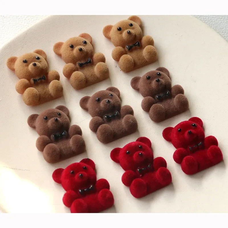 Cartoon cute brown teddy bear flocking resin patch anime handmade DIY earrings hair clip accessories jewelry making materials