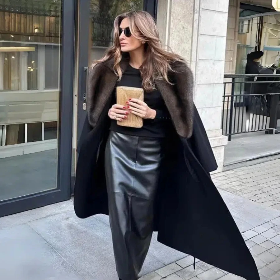 เสื้อโค้ทขนสัตว์ฤดูหนาวสำหรับผู้หญิง ปกขนสุนัขจิ้งจอกแท้ สีดำ ยาว เสื้อโค้ทขนสัตว์แท้สำหรับผู้หญิง