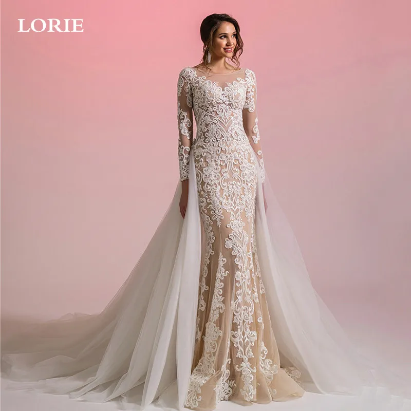 

LORIE Champagne Lace Mermid Wedding DressesLong Sleeve Appliques Bride Dress With Detachable Train Wedding Gowns 2023