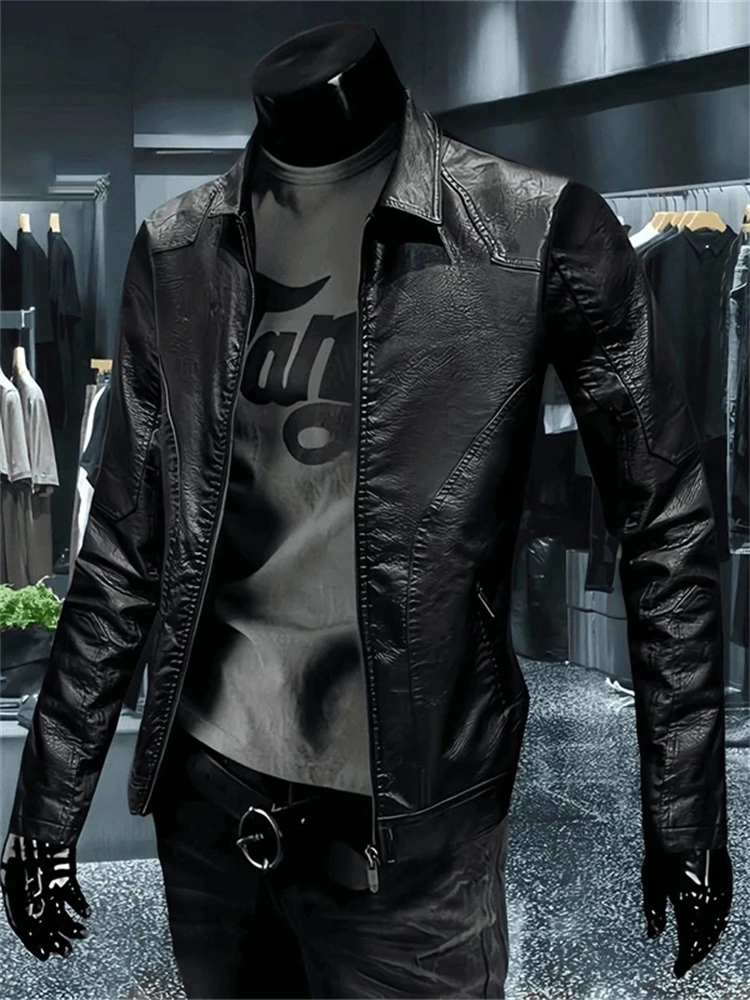 

Trendy Slim Fit Fce Lined Men's Jaet High End Leather Motorcycle Sle Casual Faion Autumn Winter New Arrival