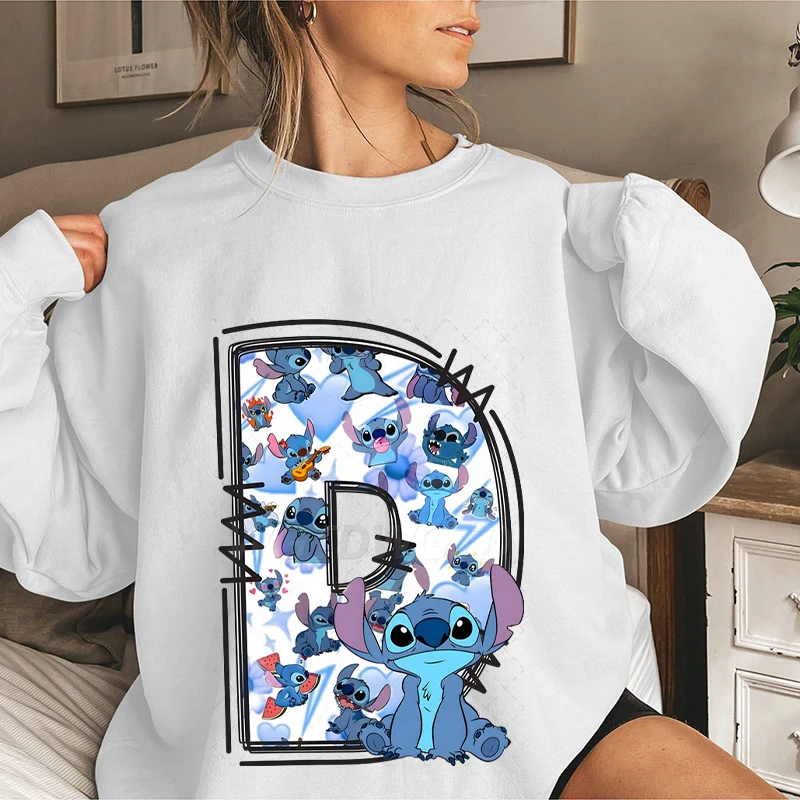 

Y2K Stitch Letter A-Z Sweatshirts Women Men Crewneck Long Sleeve Anime Alphabet Sportswear
