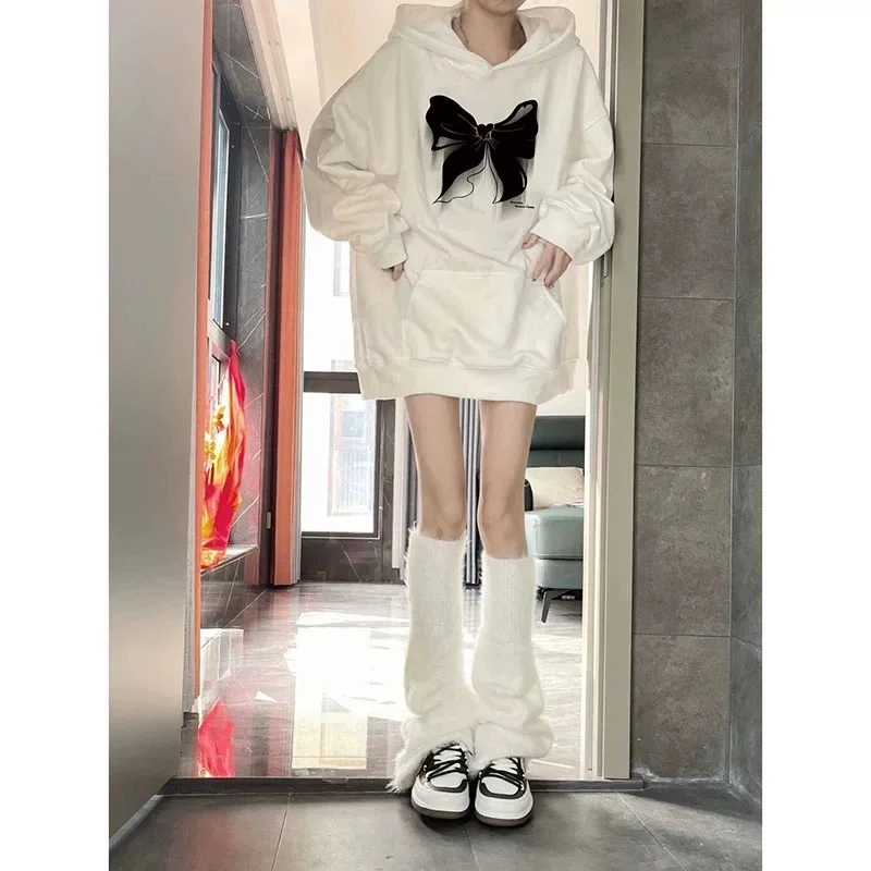 Women White Hooded Sudadera Mujer Y2k Japanese Preppy Style Sweet Bow Print Kawaii Sweatshirts Mid Length Loose Harajuku