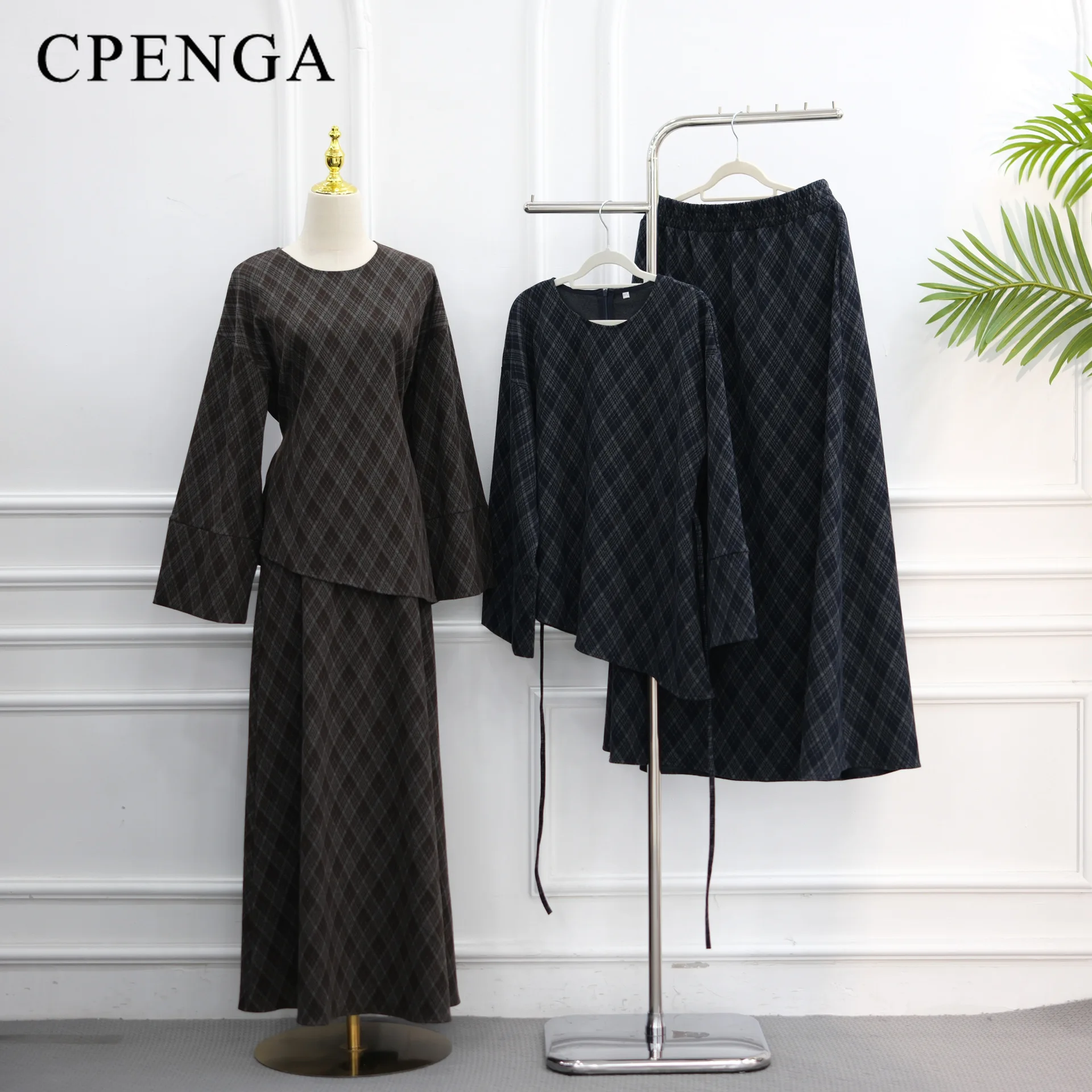 Women's Traditional Matching Sets Muslim Woman Clothing Winter Plaid Corduroy Two Piece Maxi Skirt Modest Islamic Clothes