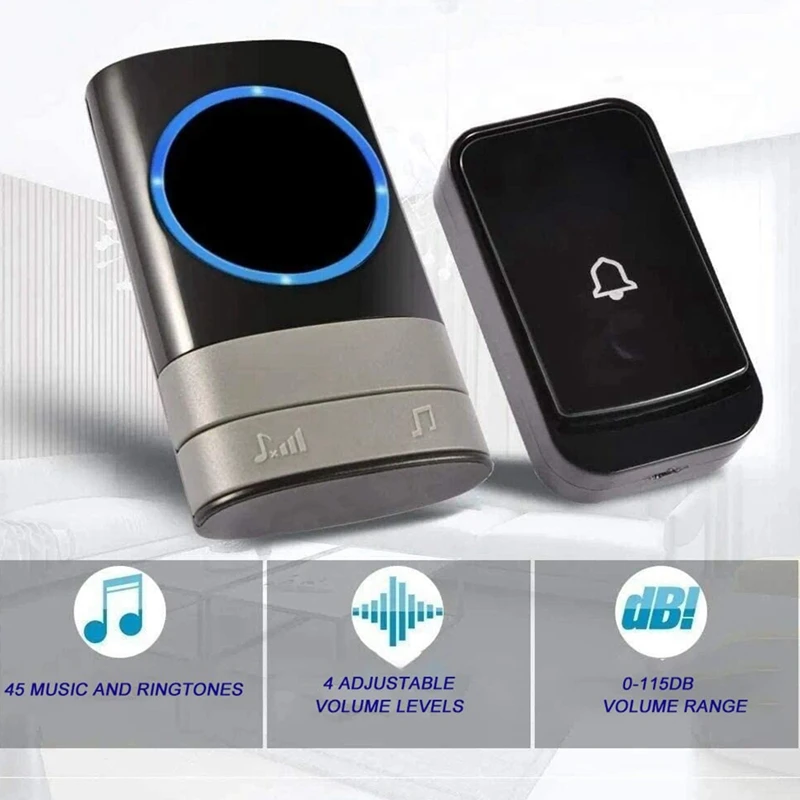 Wireless Doorbell Waterproof Doorbell Kit 200 Meter Range With 45 Melodies, 4 Volume Level 2 Receiver For Office US Plug