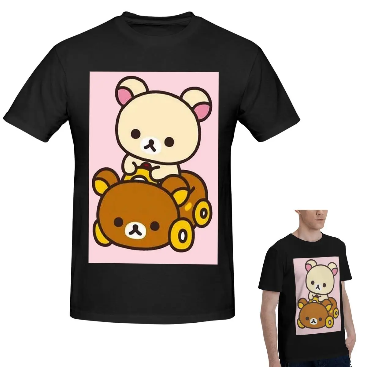 

Футболка из 100% хлопка Korilakkuma Driving A Rilakkuma Car, мужская модная футболка большого размера, мужские летние рубашки с круглым вырезом, топы S-6XL