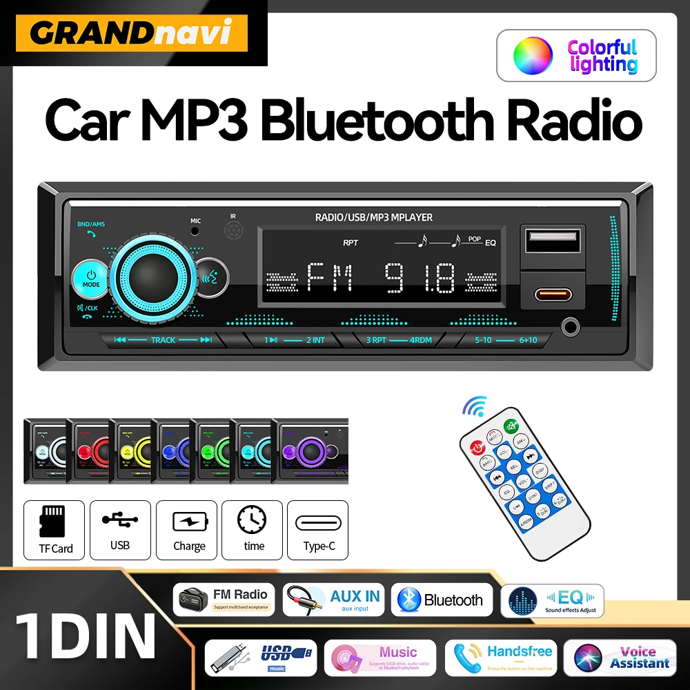 1 Din Car Radio MP3 Player Digital Bluetooth Audio Radio Multimedia Voice Assistant Music USB Type C Charging In Dash AUX Input