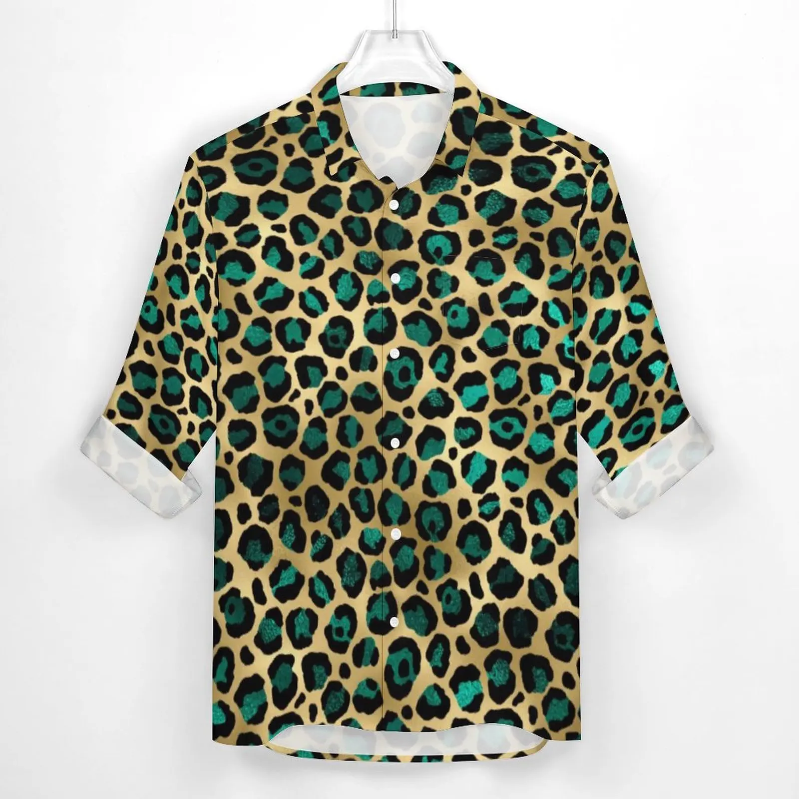 Teal And Gold Leopard Casual Shirts Men Spots Print Shirt Long Sleeve Cool Y2K Blouses Spring Custom Top Large Size