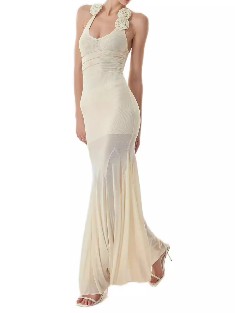 TWOTWINSTYLE minceur pure épissé 3D fleur robes Sexy pour les femmes licou sans manches Patchwork plis mode robe femme nouveau