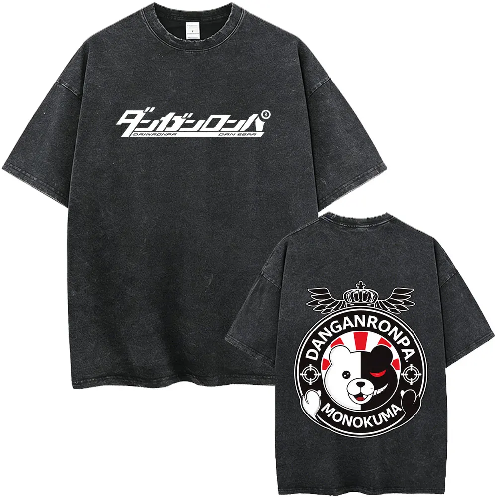 

Anime Danganronpa Monokuma Vintage Washed T-shirt Men Women Manga Funny Oversized Short Sleeve T Shirts Tops Cartoon Streetwear