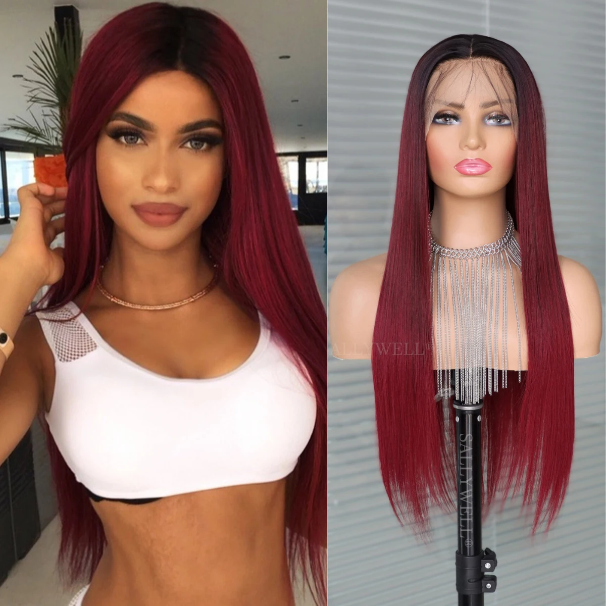 Perruque Lace Front Wig synthétique rouge bordeaux 13x4 avec racines foncées, perruque Lace Wig lisse et longue sans colle, perruque synthétique résistante à la chaleur