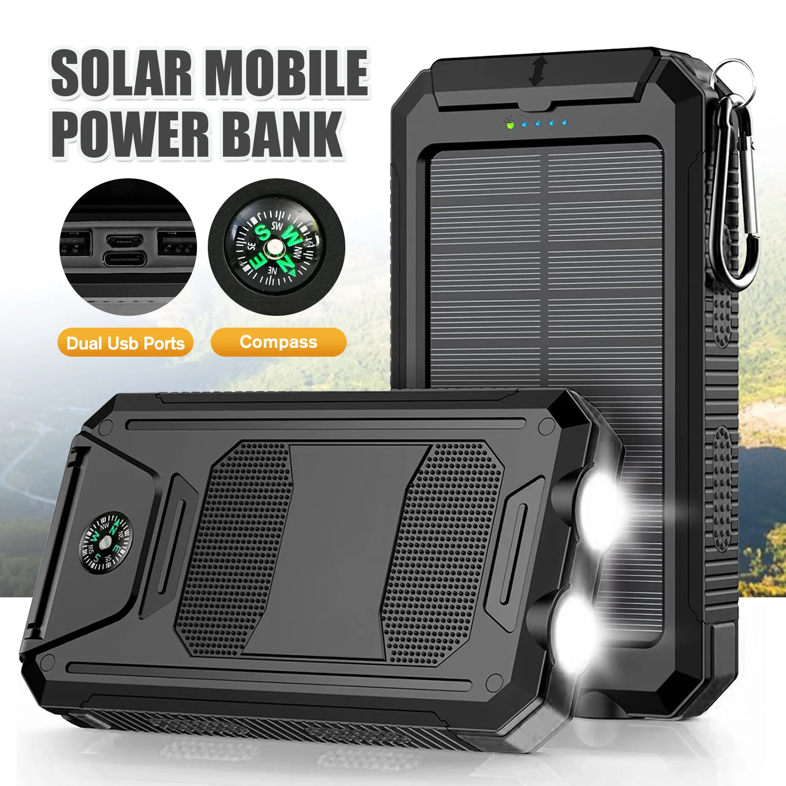 10000mAh Solar Power Bank Portable Waterproof Outdoor Dual 5V 1A USB Ports Fast Charging LED Flashlight for iPhone Tablets