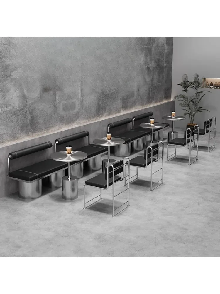 Industrial style cafe stainless steel wall seat sofa Internet celebrity dessert milk tea shop, leisure table and chair