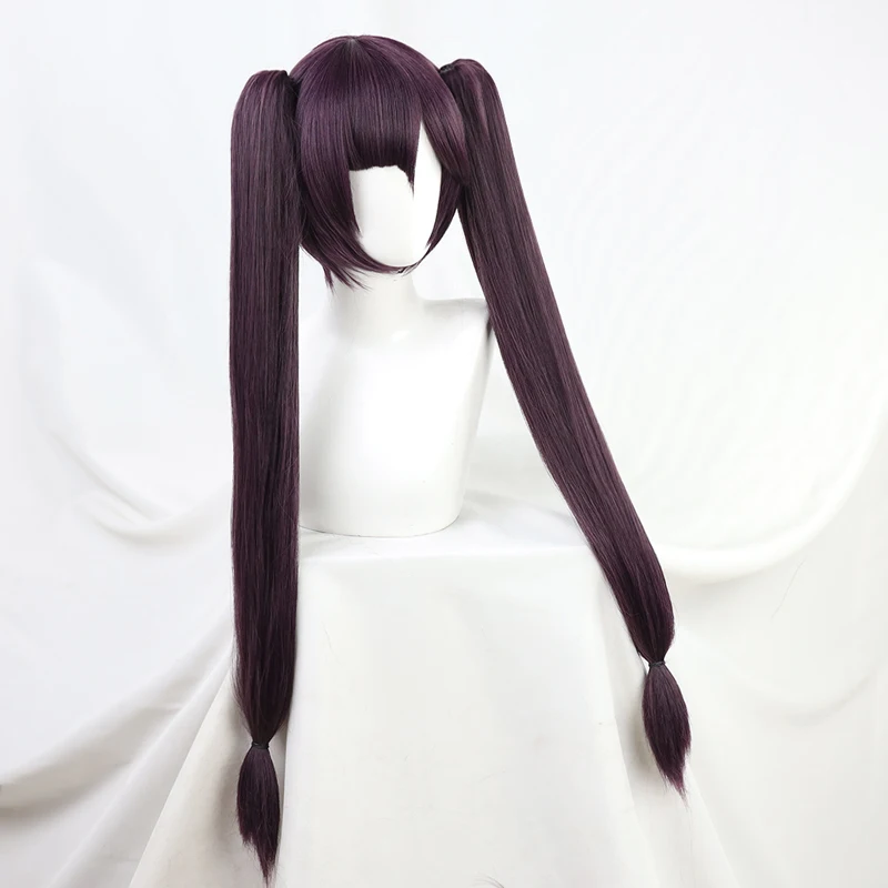 

High Quality Genshin Impact Mona Cosplay Wig Dark Purple Long Straight Ponytails Heat Resistant Synthetic Hair Wigs + Wig Cap