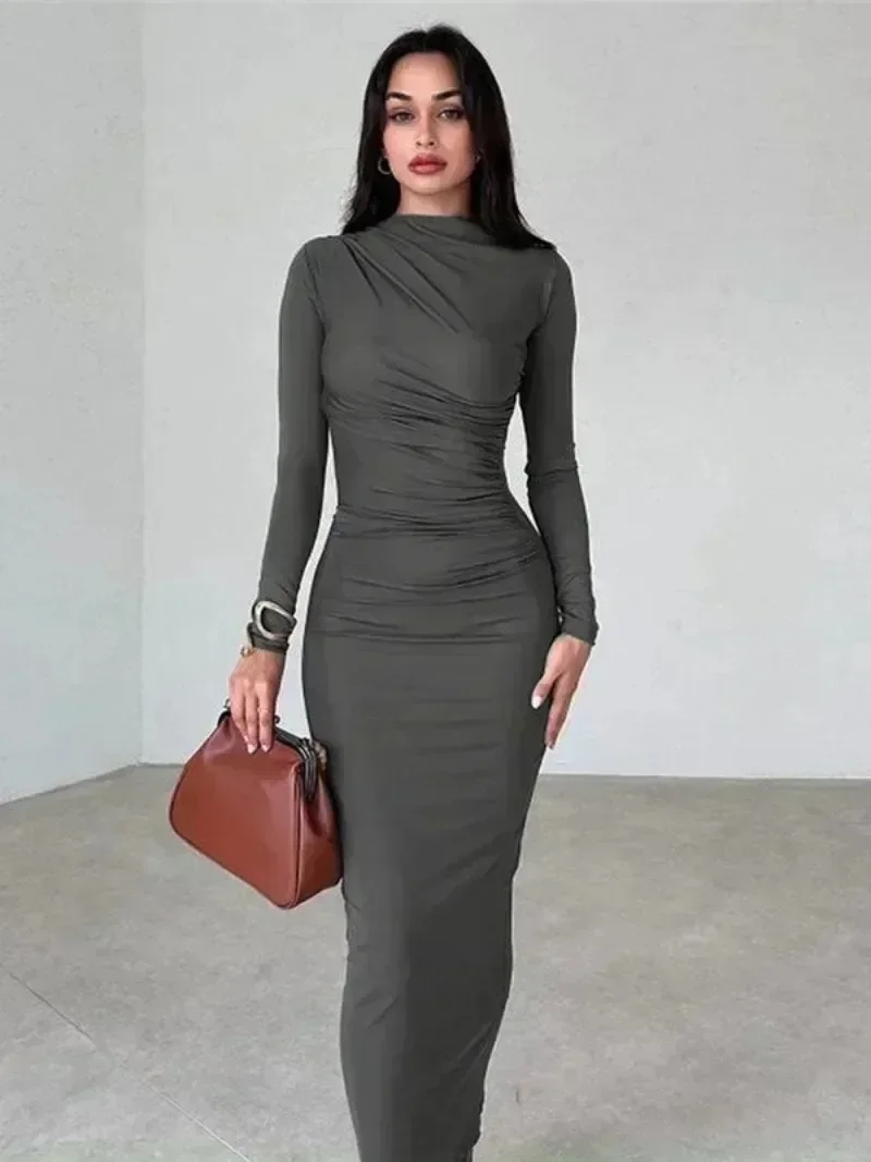 2024 Spring Women\'s O-neck High Waist Folds Long Dress Streetwear Winter Office Lady Solid Tunics Bodycon Evening Party Dresses