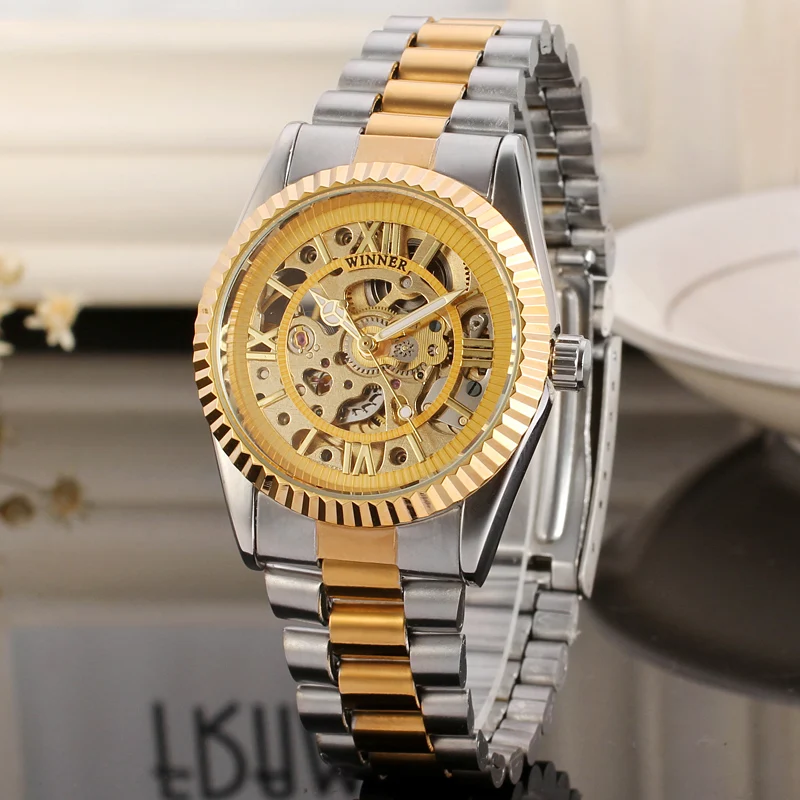 Fashion Winner Top Brand Automatic Mechanical Women Clock Luxury Golden Full Stainless Steel Business Wrist Watches