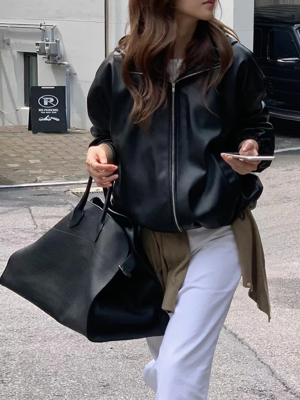 Coreano Sle Retro Street Faion con cappuccio in pelle PU Jaet donna sciolto Sli abbigliamento da moto Jaet