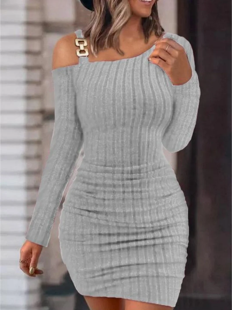 

Women's Ribbed Knit One Shoulder Bodycon Mini Dress with Gold Buckle Strap Long Sleeve Ruched Elegant Party Dress for Night Out