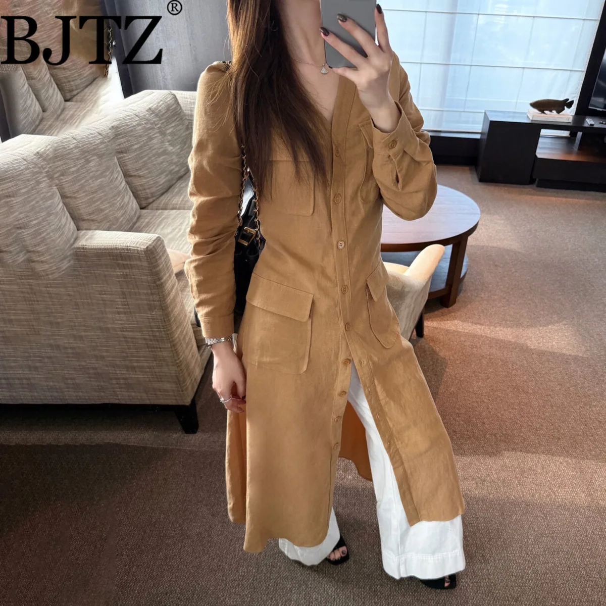 BJTZ V คอวินเทจความยาวกลางเสื้อผ้าลินินสำหรับผู้หญิง 2025 ฤดูใบไม้ผลิฤดูร้อนใหม่สง่างามสบายๆแขนยาวหญิงชุด