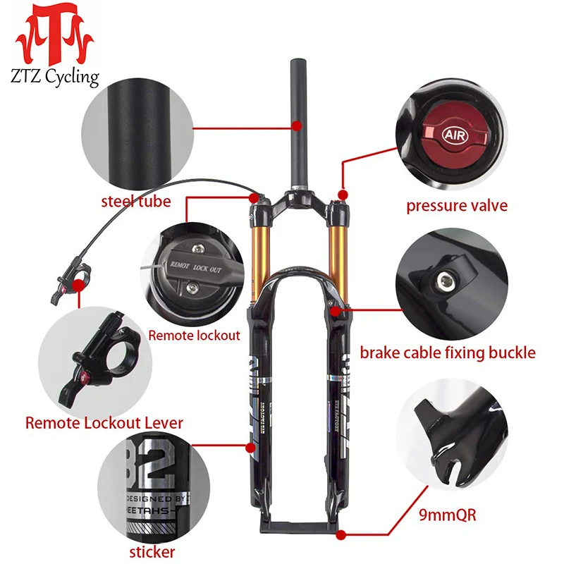 ZTZ MTB Fork Mountain Bike Suspension Fork,26/27.5/29 inch Air Fork Suspension Gas Fork 100mm Travel Straight Tube