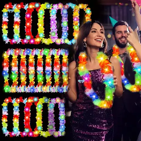 5-20pcs Light-up Hawaiian Leis LED Glow Necklaces Headbands Luau Party Artificial Rainbow Lei Carnival Beach Wedding Masquerade