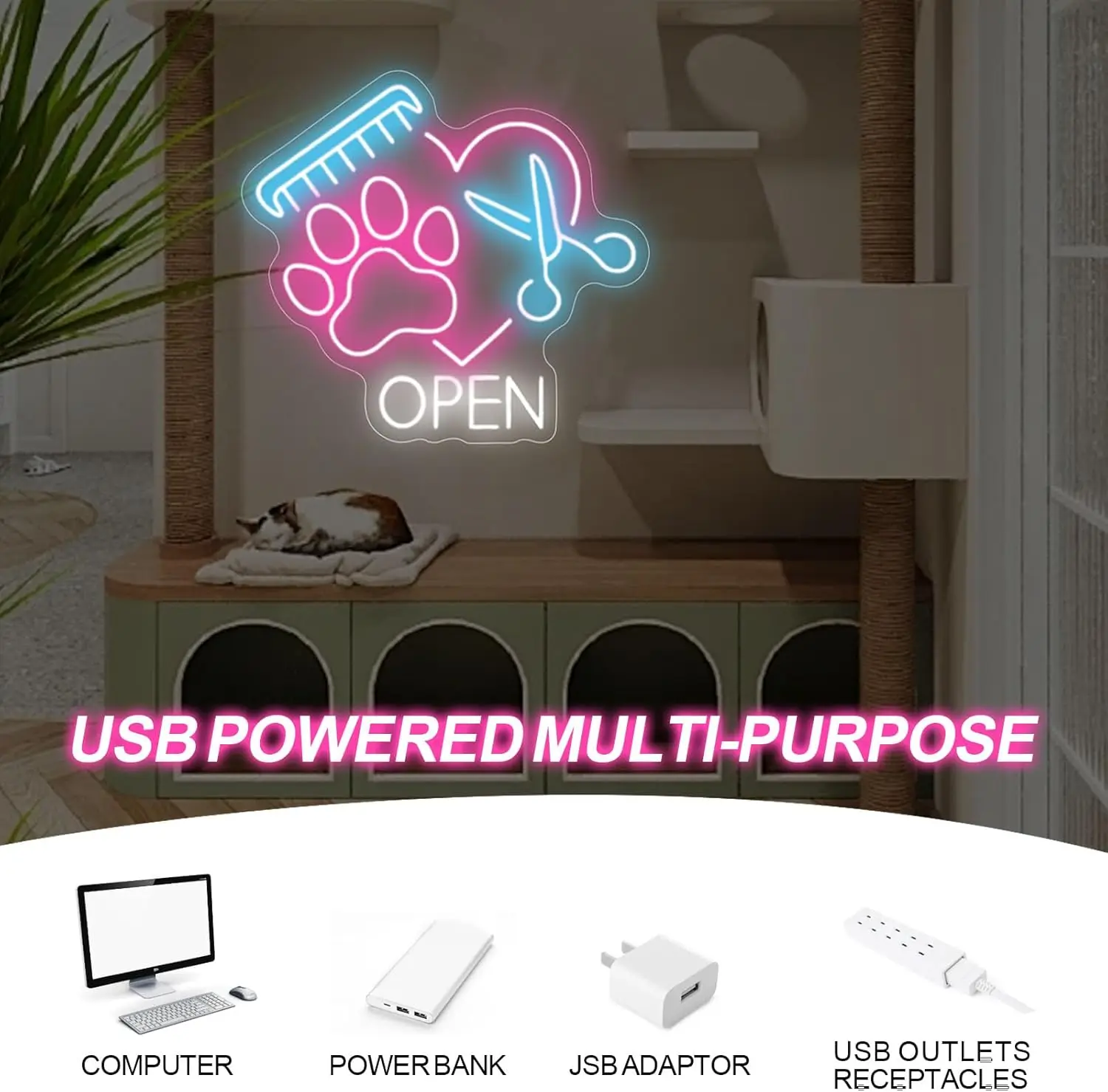 Pet Shop Welcome Sign Open Neon Sign USB Dimmable Pet Spa LED Neon Light Pet Stores Animal Clinics Party Home Decoration