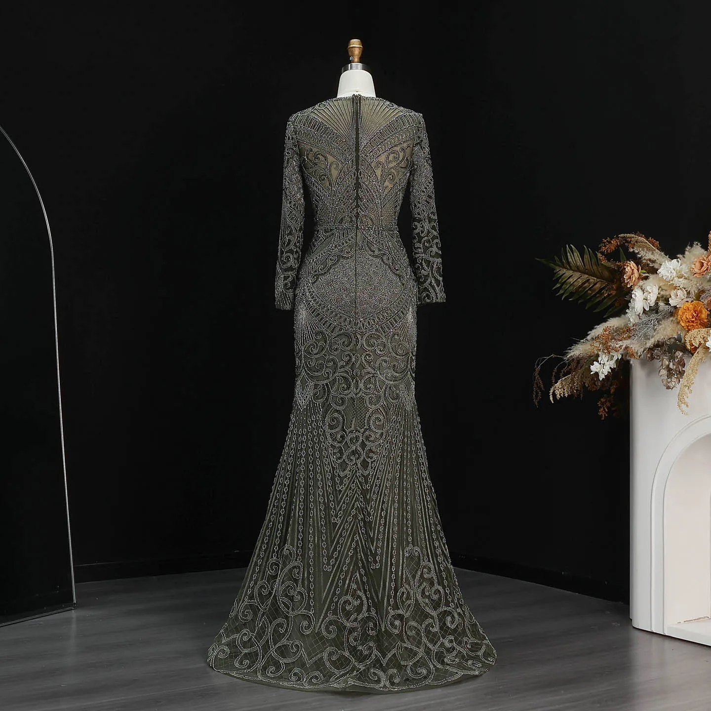 Sharon Said Dubai Übergröße Schwarzes Langarm-Paillettenkleid mit Perlen, Meerjungfrauen-Abendkleid, Saudi-Arabisches Damen-Ballkleid SS056 Maßanfertigung – Detail 5