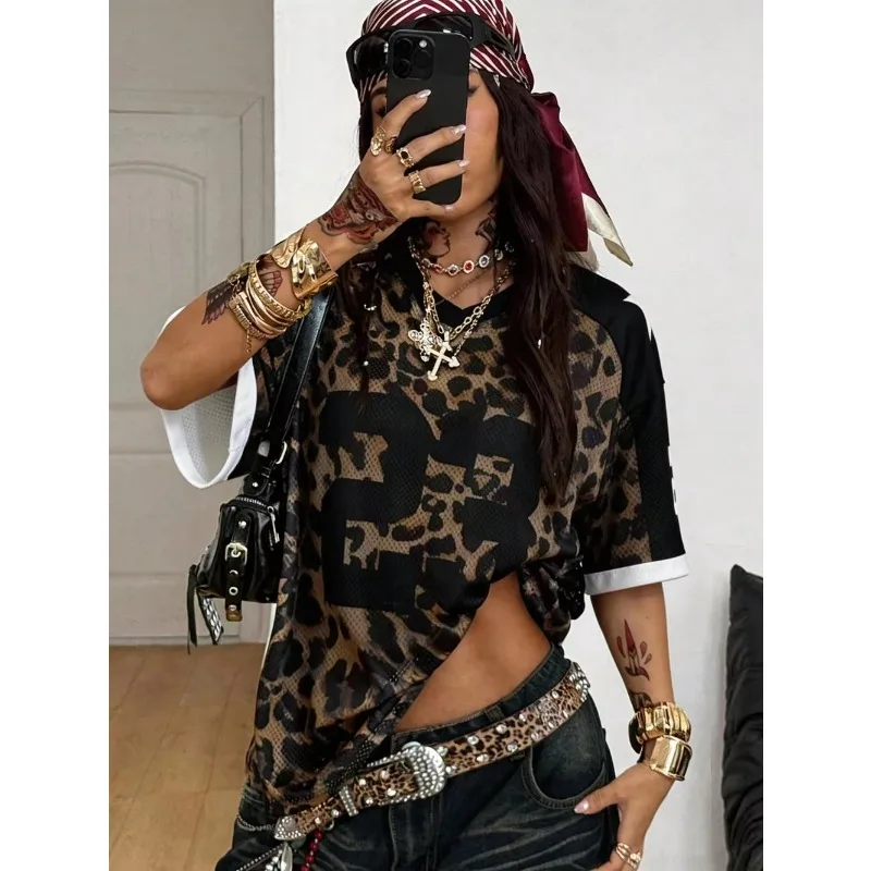 2026 New Women No.23 letter print Y2K Fashion Summer Oversize Streetwear Breathable Mesh Graphics Comfy Sport Leopard Print Top﻿